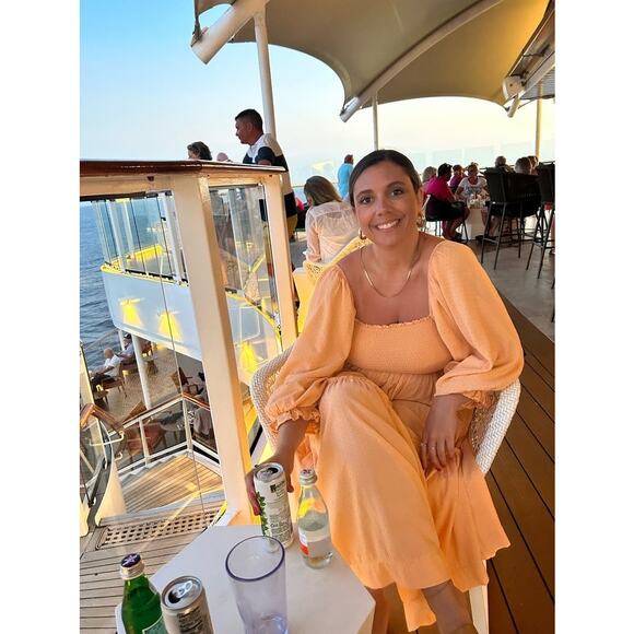 LOUNA Orange Square Neckline Puff Sleeves Chic Flowy Midi Dress size Medium - Picture 11 of 13